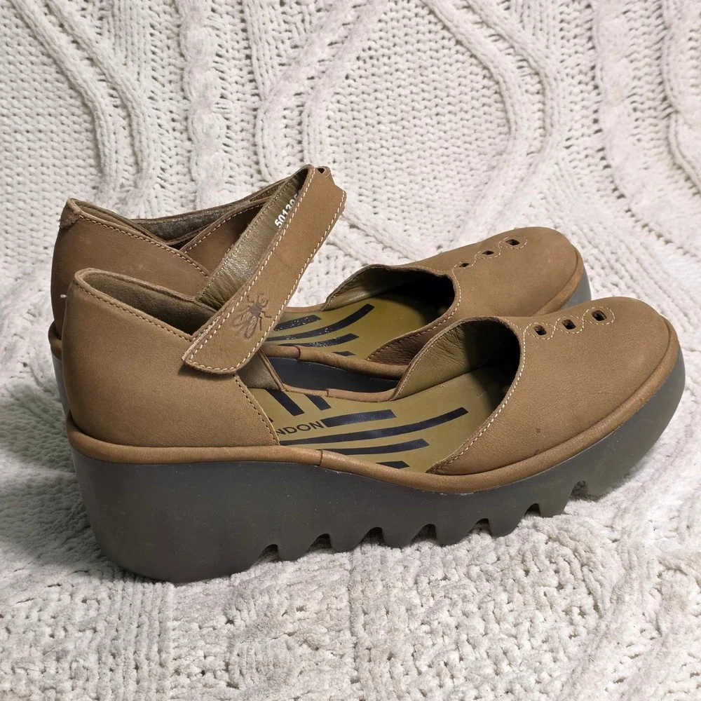 Fly London Tan Wedge Mary Jane Shoes